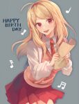  1girl :d ahoge akamatsu_kaede bangs beamed_sixteenth_notes blonde_hair breasts collared_shirt commentary_request cowboy_shot danganronpa_(series) danganronpa_v3:_killing_harmony hair_ornament happy_birthday highres kozomezuki long_hair long_sleeves looking_at_viewer miniskirt mole mole_under_eye musical_note musical_note_hair_ornament necktie open_mouth paper pink_vest pleated_skirt red_skirt school_uniform sheet_music shirt skirt smile solo standing sweater_vest vest white_shirt 