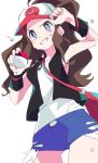  1girl baseball_cap blue_eyes blue_shorts brown_hair denim denim_shorts hat hilda_(pokemon) ixy long_hair pokemon pokemon_(game) pokemon_bw ponytail shorts simple_background smile solo white_background 