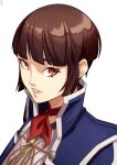  1girl absurdres bangs blunt_bangs brown_eyes brown_hair coat eyeliner highres isabeau_(smt) kerchief lipstick looking_to_the_side makeup parted_lips shin_megami_tensei shin_megami_tensei_iv short_hair simple_background smile solo x_xith_x 