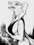  absurd_res anthro benjamin_ratterman big_breasts black_and_white breasts elemental_manipulation female fire fire_manipulation hi_res lizard looking_at_viewer magic magic_user monochrome reptile scalie side_boob side_view solo 