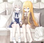  2girls bangs barefoot blonde_hair blue_bow blue_skirt bobby_socks bow brown_dress brown_sailor_collar closed_eyes closed_mouth collared_shirt couch dress dress_shirt eyebrows_visible_through_hair facing_viewer flower_girl_(yuuhagi_(amaretto-no-natsu)) fringe_trim grey_hair hair_between_eyes healer_girl_(yuuhagi_(amaretto-no-natsu)) indoors long_hair long_sleeves multiple_girls no_shoes on_couch original pillow sailor_collar shirt sitting skirt sleeping sleeping_upright sleeves_past_fingers sleeves_past_wrists smile socks very_long_hair white_bow white_legwear white_shirt yuuhagi_(amaretto-no-natsu) 