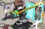  1girl bangs belt black_dress blindfold bohi_yamage book brown_hair dress gloves highres holding holding_sword holding_weapon idolmaster idolmaster_cinderella_girls kamen_rider_saber_(series) kamen_rider_saikou looking_at_viewer open_mouth rider-tan short_hair solo sword weapon yoshioka_saki 