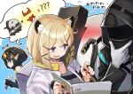  1other 2girls ambiguous_gender animal_ear_fluff animal_ears arknights bangs bikini black_hair black_jacket black_nails blush cat_ears collarbone doctor_(arknights) eunectes_(arknights) eyebrows_visible_through_hair gloves goggles goggles_on_head grey_shirt holding holding_magazine holding_wrench hood hood_up hooded_jacket jacket lancet-2_(arknights) long_sleeves magazine mitake_eil multiple_girls open_mouth platinum_blonde_hair pointy_ears purple_eyes red_bikini robot shirt short_hair smile sweatdrop swimsuit tools translation_request upper_body utage_(arknights) white_gloves white_jacket wrench 
