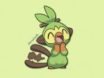  3_toes 5_fingers ambiguous_gender artist_name brown_ears brown_tail eyes_closed feet feral fingers green_body green_skin grookey happy hi_res kamabokobun nintendo open_mouth pok&eacute;mon pok&eacute;mon_(species) simple_background solo standing teeth toes tongue video_games 