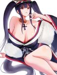  1girl absurdres alternate_costume azur_lane bare_shoulders black_hair breasts cleavage closed_mouth cross cross_necklace crossed_legs eyebrows_visible_through_hair finger_to_mouth hand_on_floor hat highres jewelry large_breasts long_hair looking_at_viewer necklace peter_strasser_(azur_lane) red_eyes sauvignon sitting sitting_on_floor solo thighs twintails white_background 