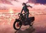  1girl :d absurdres alternate_costume arknights beach blue_eyes blue_shirt brown_hair casual cloud floating_hair ground_vehicle highres meteor_(arknights) motor_vehicle motorcycle open_mouth outdoors pants riding shijie_jianfa shirt smile solo sunset 