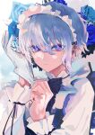  1girl bangs blue_eyes blue_flower blue_nails eyebrows_visible_through_hair flower gloves hair_between_eyes highres long_sleeves looking_at_viewer maid maid_headdress nail_polish original putting_on_gloves rose short_hair single_glove sion001250 solo upper_body white_gloves 