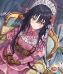  1girl artist_name bangs black_hair blush bow breasts brown_gloves brown_ribbon chair closed_mouth commentary_request cup dress dutch_angle fate/grand_order fate_(series) flower frills gloves hair_flower hair_ornament hakuda_tofu highres juliet_sleeves katou_danzou_(fate) long_hair long_sleeves looking_at_viewer maid_headdress medium_breasts pink_bow pink_dress puffy_sleeves ribbon shiny shiny_hair sitting smile solo teacup 