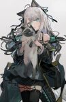  1girl :t ahoge animal animal_ears arknights bare_shoulders black_choker black_coat black_hair black_legwear black_ribbon blush cat cat_ears cat_girl cat_tail choker closed_mouth clothes_writing coat commentary_request dress elite_ii_(arknights) gradient_hair grey_background grey_dress hair_ribbon head_tilt holding holding_animal holding_cat layered_dress long_hair long_sleeves looking_at_viewer mint_(arknights) multicolored_hair nuudoru off_shoulder open_clothes open_coat ribbon silver_hair simple_background slit_pupils smile solo tail thighhighs white_background zettai_ryouiki 