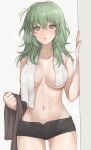  1girl artist_name bangs black_shorts breasts byleth_(fire_emblem) byleth_(fire_emblem)_(female) cowboy_shot fire_emblem fire_emblem:_three_houses green_eyes green_hair grey_background hair_between_eyes hand_up highres long_hair looking_at_viewer medium_breasts micro_shorts navel parted_lips shimizu_akina shorts solo standing stomach towel towel_around_neck twitter_username wet 