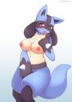  2020 3_fingers anthro areola big_breasts black_body black_fur blue_body blue_fur blush breasts canid canine chest_spike covering covering_self cute_fangs eyelashes female fingers fur half-closed_eyes hand_spike hi_res kemono looking_at_viewer lucario mahorang mammal multicolored_body multicolored_fur narrowed_eyes navel nintendo nipples nude open_mouth pok&eacute;mon pok&eacute;mon_(species) portrait red_eyes signature simple_background solo spikes spikes_(anatomy) tan_body tan_fur three-quarter_portrait tongue video_games white_background 