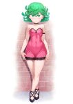  1girl arm_strap bangs bare_shoulders black_footwear breasts brick_wall choker cleavage collarbone covered_navel curly_hair dress eyebrows_visible_through_hair full_body green_eyes green_hair highres looking_at_viewer mogudan one-punch_man parted_lips pink_dress short_eyebrows short_hair small_breasts solo standing strapless strapless_dress tatsumaki thighs 