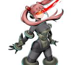  1girl alternate_color alternate_costume alternate_eye_color beads bodysuit cyborg ear_protection gauntlets glowing glowing_eyes grey_bodysuit grey_leotard hair_beads hair_ornament leotard metal_slug metal_slug_attack nova_(metal_slug) official_art pink_hair red_eyes senno_aki solo tight transparent_background twintails 