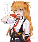  1girl alternate_costume arm_up bangs blue_eyes blush breasts collared_shirt commentary english_text eyebrows_visible_through_hair eyes_visible_through_hair gloves hair_between_eyes hair_ornament higanbana_(fried_chicken) highres interface_headset long_hair looking_at_viewer necktie neon_genesis_evangelion open_mouth orange_hair red_gloves red_neckwear shirt simple_background solo souryuu_asuka_langley talking translation_request twitter_username two_side_up upper_body white_background white_shirt 