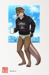  4_toes anthro barefoot beverage black_clothing black_hoodie black_topwear briefs brown_body brown_fur bulge chase_(chasedatotter) claws clothing coffee coffee_mug feet fur hair hi_res hoodie lutrine male mammal mustelid plantigrade scratching_butt simple_background solo standing sweaciabic tired toes topwear underwear 