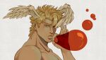  1boy battle_tendency blonde_hair bubble bubble_blowing caesar_anthonio_zeppeli catneylang collarbone commentary english_commentary eyebrows_behind_hair face facial_mark feathered_wings fingernails green_eyes hand_up head_wings highres jojo_no_kimyou_na_bouken looking_at_viewer looking_to_the_side male_focus nude ok_sign portrait short_hair solo texture wings 