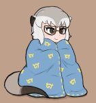  1girl arafenesuki blush brown_eyes comforter comfy commentary_request eyebrows_visible_through_hair glasses grey_hair highres japari_symbol kemono_friends kemono_friends_3 meerkat_(kemono_friends) meerkat_ears meerkat_tail multicolored_hair short_hair sitting solo two-tone_hair white_hair 