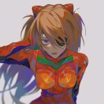  1girl blue_eyes bodysuit breasts brown_hair eyepatch grey_background hand_in_hair highres interface_headset long_hair medium_breasts neon_genesis_evangelion one_eye_covered parted_lips pilot_suit plugsuit rebuild_of_evangelion shikinami_asuka_langley skin_tight solo souryuu_asuka_langley two_side_up upper_body wozz 