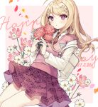  1girl ahoge akamatsu_kaede artist_name backpack bag bangs blonde_hair blush border breasts collared_shirt commentary_request cowboy_shot dalrye_v3 danganronpa_(series) danganronpa_v3:_killing_harmony dated eighth_note eyebrows_visible_through_hair flower hair_ornament happy_birthday highres holding long_hair long_sleeves looking_at_viewer musical_note musical_note_hair_ornament necktie open_mouth orange_neckwear pink_background pink_eyes pink_flower pink_vest pleated_skirt print_skirt school_uniform shiny shiny_hair shirt skirt smile solo sweater_vest vest white_bag white_border white_flower white_shirt 