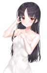  1girl absurdres auro_drm bangs bare_arms bare_shoulders black_hair blush breasts closed_mouth collarbone eyebrows_visible_through_hair hair_down hand_up highres kaguya-sama_wa_kokurasetai_~tensai-tachi_no_renai_zunousen~ long_hair looking_at_viewer naked_towel parted_bangs red_eyes shinomiya_kaguya solo towel white_background 