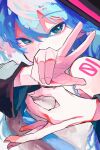  1girl 39 blue_eyes blue_hair blue_neckwear blush close-up covering_mouth gesture hand_over_own_mouth hatsune_miku highres looking_at_viewer necktie portrait shirt shoulder_tattoo sion001250 sleeveless sleeveless_shirt solo tattoo twintails vocaloid white_shirt 