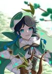  1boy absurdres androgynous bangs beret black_hair blue_eyes blue_hair blurry blurry_foreground bow braid brooch cape collared_cape collared_shirt corset eyebrows_visible_through_hair flower frilled_sleeves frills gem genshin_impact gradient_hair green_eyes green_headwear hat hat_flower highres huang_cheng_yu huge_filesize jewelry leaf long_sleeves looking_at_viewer lyre male_focus multicolored_hair open_mouth shirt short_hair_with_long_locks smile solo tree_branch twin_braids venti_(genshin_impact) white_flower white_shirt 