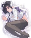  1girl black_hair black_legwear brown_eyes hat highres inorin05kanae kantai_collection long_sleeves lowleg lowleg_pantyhose lying mini_hat on_side panties panties_under_pantyhose pantyhose shirt short_hair short_hair_with_long_locks side-tie_panties sidelocks solo tied_shirt tokitsukaze_(kancolle) underwear white_hair white_panties white_shirt 