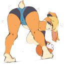  1girl ass ass_focus ball basketball bent_over blonde_hair blue_eyes breasts breath cameltoe commission flat_color freddy_(pixiv30729500) furry gloves hair_over_one_eye half-closed_eyes heart highres holding holding_ball lola_bunny open_mouth simple_background sketch solo space_jam sparkle sweat tail white_background white_gloves 