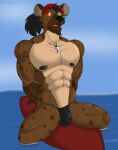  abs anthro bandanna brown_body brown_fur bulge clothed clothing digital_media_(artwork) fur hair heterochromia hi_res hyaenid jewelry kerchief klr-rio male mammal mostly_nude necklace nipples radi_(klr-rio) sea simple_background solo speedo spotted_hyena surfboard swimwear tied_hair tongue topless topless_male water 