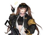  1girl black_gloves bodysuit breasts brown_hair cero_(last2stage) eyebrows_visible_through_hair eyewear_on_head fingerless_gloves girls_frontline gloves gun h&amp;k_ump hand_up index_finger_raised jacket long_hair looking_at_viewer one_eye_closed open_clothes open_jacket open_mouth open_shirt over_shoulder purple_eyes scar scar_across_eye shirt smile solo submachine_gun twintails ump9_(girls_frontline) weapon weapon_over_shoulder white_background white_shirt 