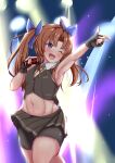  absurdres armpits bike_shorts black_gloves brown_hair fingerless_gloves gloves highres kagerou_(kancolle) kantai_collection microphone navel pleated_skirt purple_eyes sakura_ab skirt sleeveless stage stage_lights twintails 