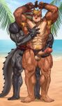  2021 abs anthro anthro_on_anthro armpit_hair balls beach biceps big_muscles body_hair bound bracelet canid canine clothing clothing_aside dinosaur duo erection genitals hair hand_on_chest handjob happy_trail hi_res humanoid_genitalia humanoid_penis jewelry jockstrap jockstrap_aside male male/male mammal muscular muscular_anthro muscular_male nipples obliques outside palm_tree pecs penile penis plant pubes quads raised_arms reach_around reptile rope scalie seaside sex spiked_bracelet spikes standing tagg theropod tree tyrannosaurid tyrannosaurus tyrannosaurus_rex underwear underwear_aside vein wasp_(artist) water 