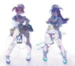  2girls arm_behind_back bandage_over_one_eye bandaged_leg bandages blood blue_hair breasts cleavage closed_mouth eyepatch gloves glowing glowing_eyes hand_on_hip hat highres holding large_breasts long_hair looking_at_viewer multiple_girls nurse nurse_cap open_mouth original pink_eyes ponytail pouch purple_hair saw scissors see-through short_hair side_ponytail simple_background skindentation small_breasts smile soha_(littlesummerpe) standing vial white_background white_footwear white_gloves yellow_eyes zipper zipper_pull_tab 