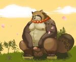  2021 anthro balls belly brown_body brown_fur canid canine erection fur genitals gyobu hi_res humanoid_genitalia humanoid_hands humanoid_penis male mammal moobs navel nipples outside overweight overweight_male penis raccoon_dog ragnadope solo tanuki tokyo_afterschool_summoners video_games 