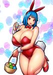  1girl animal_ears basket blue_eyes blue_hair blush bow breasts bunny_ears cleavage cuff_links curvy easter easter_egg egg erkaz fake_animal_ears flower hair_ornament highres huge_breasts looking_at_viewer medium_hair open_mouth playboy_bunny red_eyes smile solo thighs 