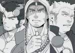  3boys arm_hair bara broken_horn chest_hair demon_boy demon_horns facial_hair fang fiery_horns gouki_(tokyo_houkago_summoners) greyscale harada_(basashi) hood hooded_jacket horns houzouin_oniwaka jacket long_sideburns looking_at_viewer male_cleavage male_focus mature_male monochrome multiple_boys muscular muscular_male oni oni_horns pectorals pointing pointing_at_self scar_on_forehead short_hair sideburns stubble takemaru_(tokyo_houkago_summoners) thick_eyebrows tokyo_houkago_summoners upper_body 