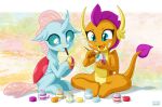  arthropod blue_eyes brush changeling dragon duo egg egg_painting female friendship_is_magic horn my_little_pony ocellus_(mlp) paint paintbrush painting sitting smolder_(mlp) uotapo 