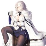  1girl azur_lane bangs black_gloves black_legwear black_neckwear blue_skirt blush boots box breasts cleavage coat cup enchuu_kakiemon fur-trimmed_boots fur-trimmed_coat fur_trim gloves hair_over_one_eye highres holding holding_cup kirov_(azur_lane) large_breasts long_hair long_sleeves looking_at_viewer miniskirt necktie one_eye_covered pantyhose pleated_skirt silver_hair simple_background sitting sitting_on_box skirt smile solo thigh_strap very_long_hair white_background white_coat white_footwear wide_sleeves yellow_eyes 