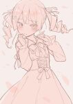  1girl bangs blush bow closed_mouth collared_shirt commentary_request drill_hair eyebrows_visible_through_hair grey_background hair_ornament hands_up high-waist_skirt jigatei_(omijin) long_hair long_sleeves monochrome nijisanji petals shirt skirt solo tsukino_mito twin_drills twintails virtual_youtuber 