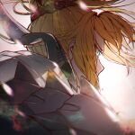  1boy 1girl absurdres armor bangs blonde_hair braid crown_braid fate/apocrypha fate_(series) from_behind hair_ornament hair_scrunchie highres long_hair mordred mordred_(fate) mordred_(fate)_(all) ponytail portrait scrunchie sidelocks simple_background slyvia solo upper_body vignetting 