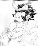  1boy bara beard broken_horn demon_boy demon_horns facial_hair fang fiery_horns glaring greyscale head_tilt highres horns jewelry large_pectorals long_sideburns looking_at_viewer male_cleavage male_focus mature_male momo_(redcomet1104) monochrome muscular muscular_male necklace pacifier portrait scar_on_neck shirt short_hair sideburns solo stubble takemaru_(tokyo_houkago_summoners) thick_eyebrows tokyo_houkago_summoners torn_clothes torn_shirt traditional_media 