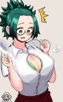  2girls agari_himiko blood blush bra breasts bursting_breasts buttons cleavage collared_shirt flying_button glasses green_bra green_eyes green_hair hands_up highres komi-san_wa_komyushou_desu large_breasts lecca_aisu looking_at_breasts looking_down multiple_girls nosebleed pleated_skirt popped_button red_skirt shirt skirt solo_focus spiked_hair surprised sweat underwear upper_body white_shirt wing_collar 