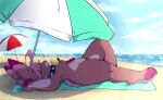  anthro beach beach_towel beach_umbrella bell bell_collar brown_body brown_fur collar eyes_covered female fur hair hand_on_stomach hi_res lagomorph leporid lying mammal on_back pink_hair rabbit seaside solo thiccazthieves 