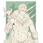  1boy abs animal_skull bara bare_pecs duplicate green_theme headband highres loincloth looking_to_the_side male_focus mature_male monochrome muscular muscular_male navel nipples pectorals revealing_clothes short_hair sideburns solo spiked_hair stomach tangaroa tattoo tokyo_houkago_summoners tooth_necklace tribal tribal_tattoo upper_body zifuuuun 