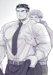  age_difference arm_hair bara blush bulge covered_nipples erection erection_under_clothes facial_hair formal grabbing grabbing_from_behind groping harada_(basashi) large_pectorals male_focus mature_male muscular muscular_male necktie original pectoral_grab shirt short_hair sideburns size_difference stubble sweatdrop yaoi 