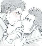  2boys bara blush eye_contact finger_in_another&#039;s_mouth from_side greyscale harada_(basashi) long_sideburns looking_at_another male_focus mature_male monochrome multiple_boys muscular muscular_male original pointy_ears profile saliva saliva_trail short_hair sideburns sketch spiked_hair sweatdrop upper_body yaoi 