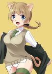  1girl absurdres ahoge animal_ears between_breasts blue_eyes blush bow bow_panties braid braided_ponytail breasts brown_hair cat_ears cat_tail eyebrows_visible_through_hair green_neckwear hase_popopo highres large_breasts looking_at_viewer lynette_bishop necktie necktie_between_breasts open_mouth panties ponytail simple_background smile solo standing strike_witches striped striped_legwear tail thighhighs underwear white_panties world_witches_series yellow_background 