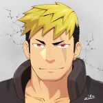  1boy black_hair blonde_hair character_name character_request close-up face highres looking_at_viewer male_focus multicolored_hair portrait red_eyes scar scar_across_eye short_hair sideburns smile solo tokyo_houkago_summoners two-tone_hair zifuuuun 