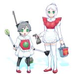  2girls alternate_costume apron ball_(gundam) breasts closed_mouth dress enmaided gm_(mobile_suit) gundam looking_at_viewer maid maid_apron mecha_musume multiple_girls open_mouth short_hair skirt smile thighhighs ueyama_michirou 