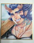  1boy alternate_costume bara broken_horn dark_blue_hair demon_boy demon_horns facial_hair fang fiery_horns highres horns long_sideburns male_cleavage male_focus mature_male momo_(redcomet1104) muscular muscular_male pectorals portrait scar_on_neck shirt short_hair sideburns solo stubble takemaru_(tokyo_houkago_summoners) thick_eyebrows tight tight_shirt tokyo_houkago_summoners traditional_media upper_body 